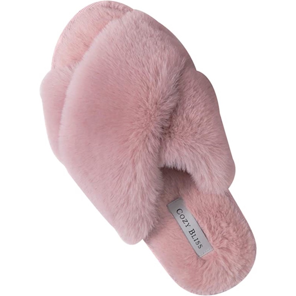 Faux Fur Cross Band Memory Foam Open Toe Fuzzy Fluffy House Slippers Pink 5-6